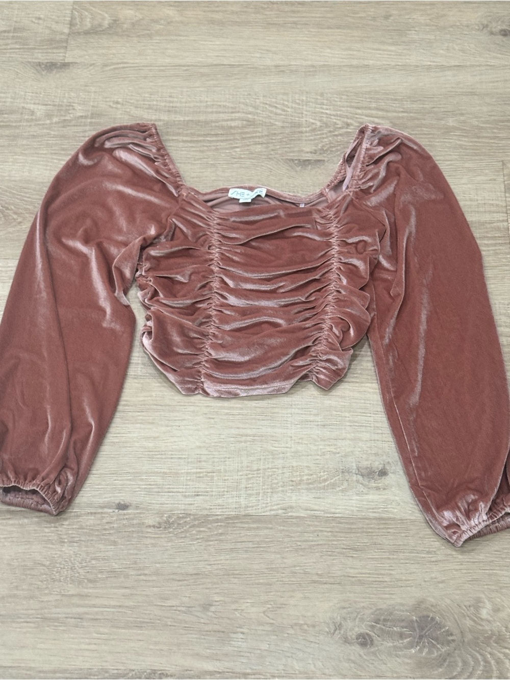 She + Sky Ruched Velvet Long Sleeve Crop Top - Mauve